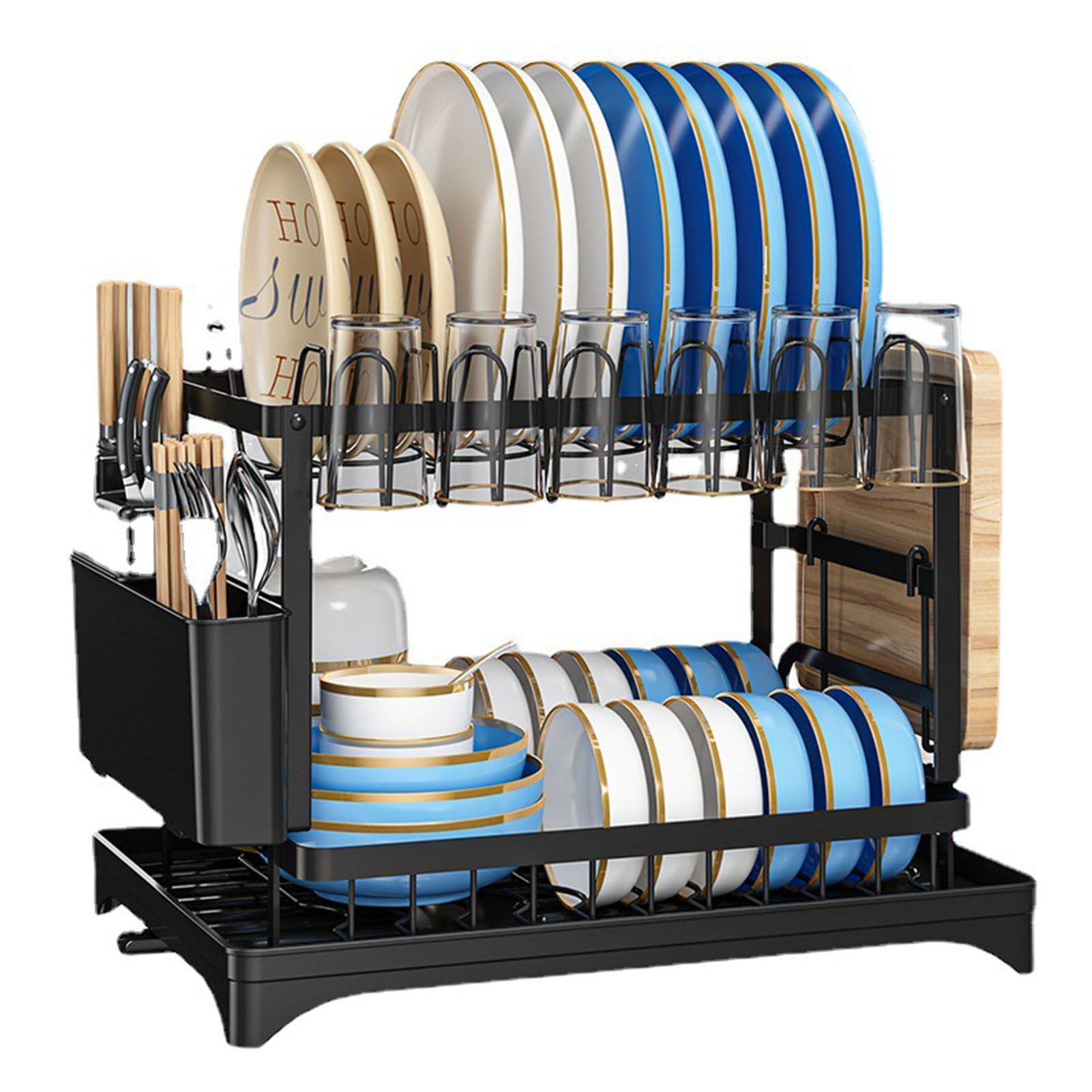 Dish Drying Rack for Countertop Aluminum 2 Tier Dish Rack with Drainboard and Utensil Holder for Kitchen Organization Black - Image 1