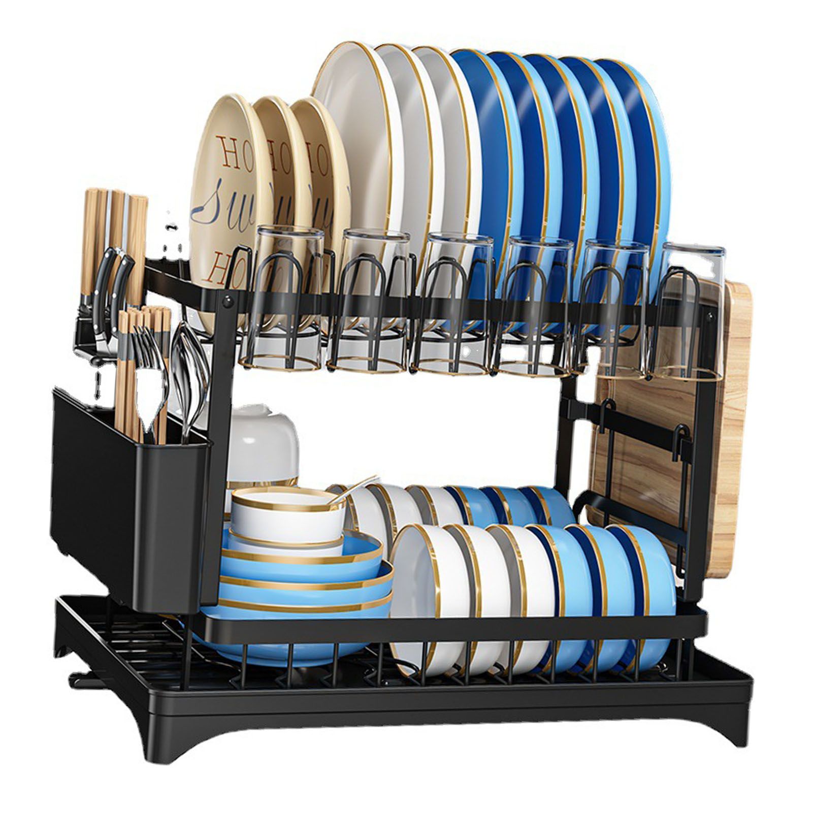 Dish Drying Rack for Countertop Aluminum 2 Tier Dish Rack with Drainboard and Utensil Holder for Kitchen Organization Black - Image 2