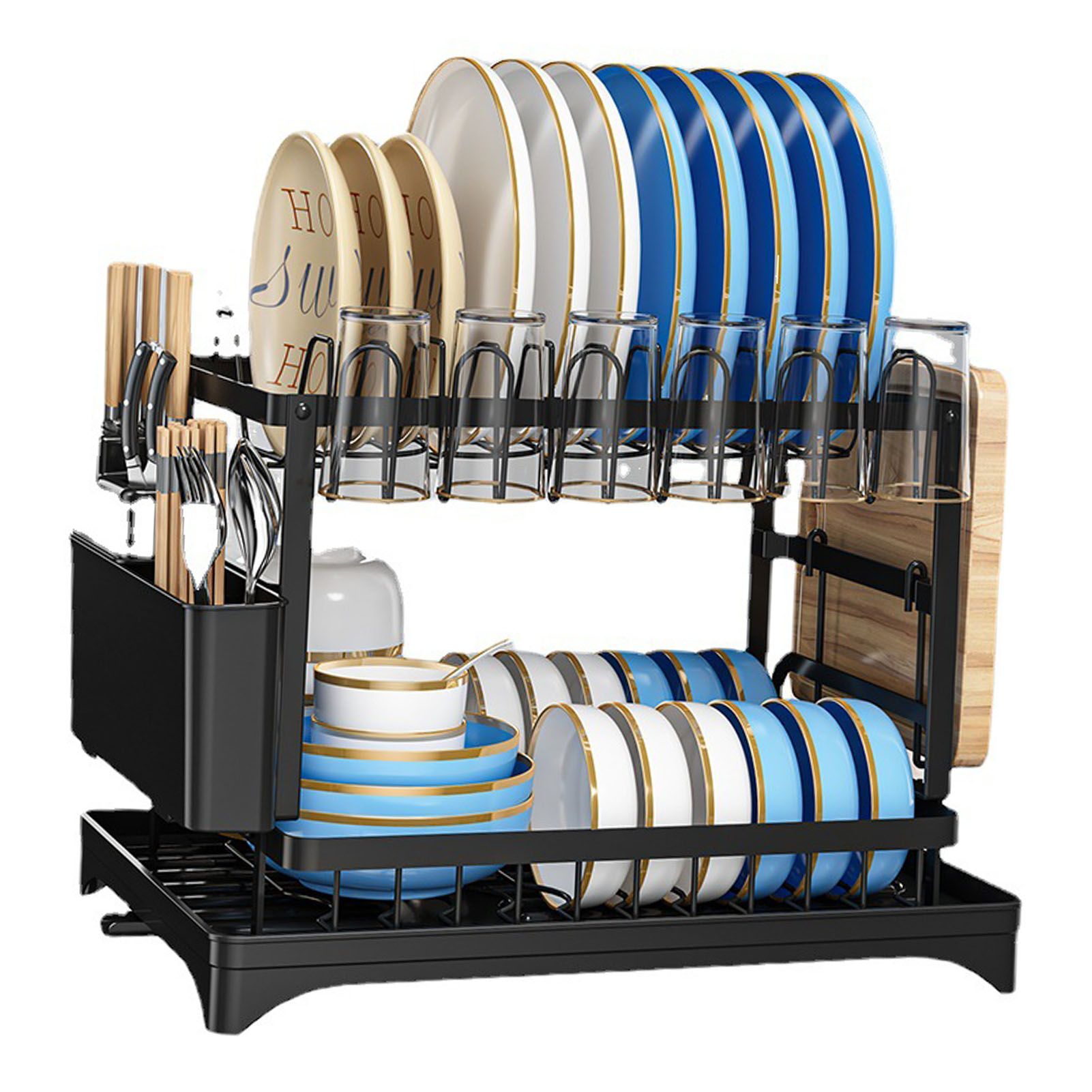 Dish Drying Rack for Countertop Aluminum 2 Tier Dish Rack with Drainboard and Utensil Holder for Kitchen Organization Black - Image 3