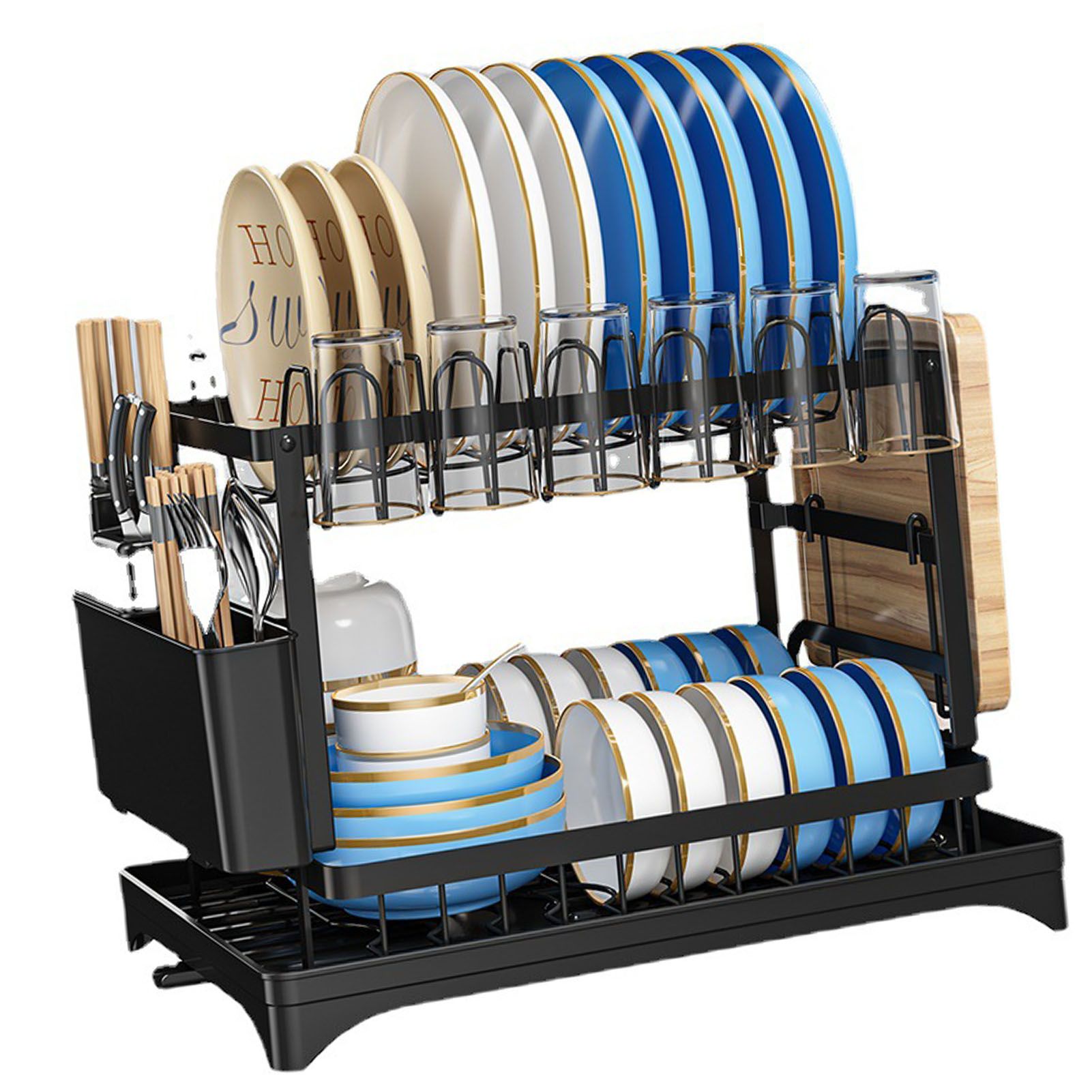 Dish Drying Rack for Countertop Aluminum 2 Tier Dish Rack with Drainboard and Utensil Holder for Kitchen Organization Black - Image 4