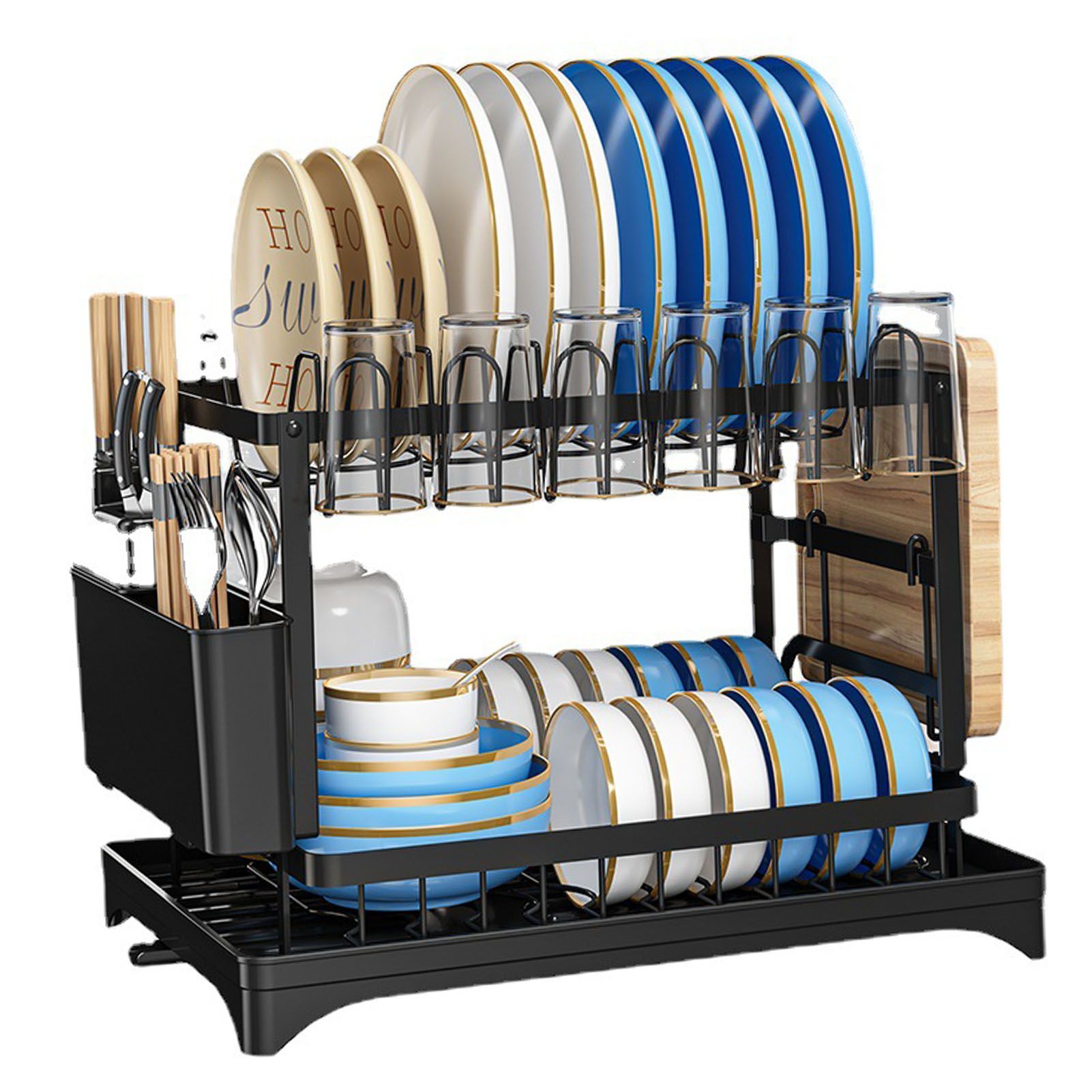 Dish Drying Rack for Countertop Aluminum 2 Tier Dish Rack with Drainboard and Utensil Holder for Kitchen Organization Black - Image 5