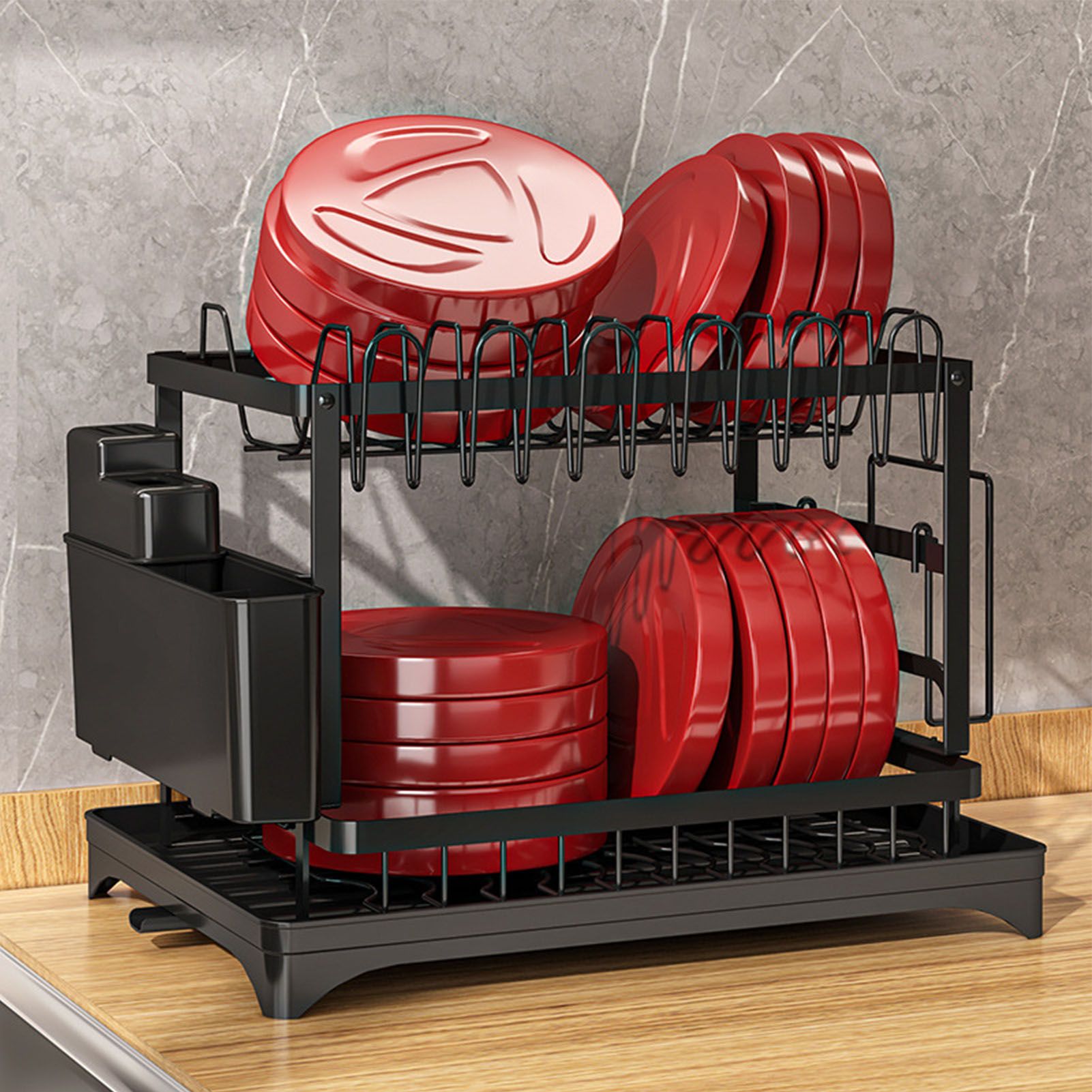Dish Drying Rack for Countertop Aluminum 2 Tier Dish Rack with Drainboard and Utensil Holder for Kitchen Organization Black - Image 6