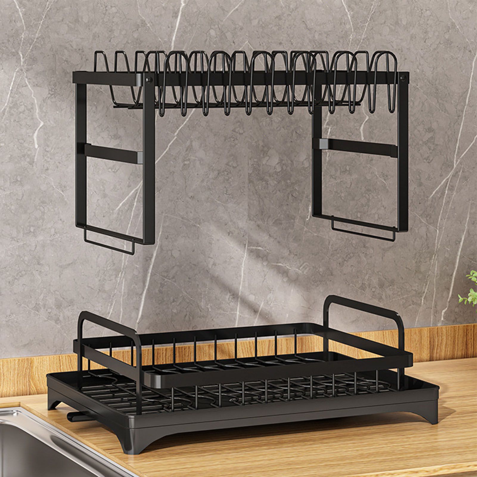 Dish Drying Rack for Countertop Aluminum 2 Tier Dish Rack with Drainboard and Utensil Holder for Kitchen Organization Black - Image 7