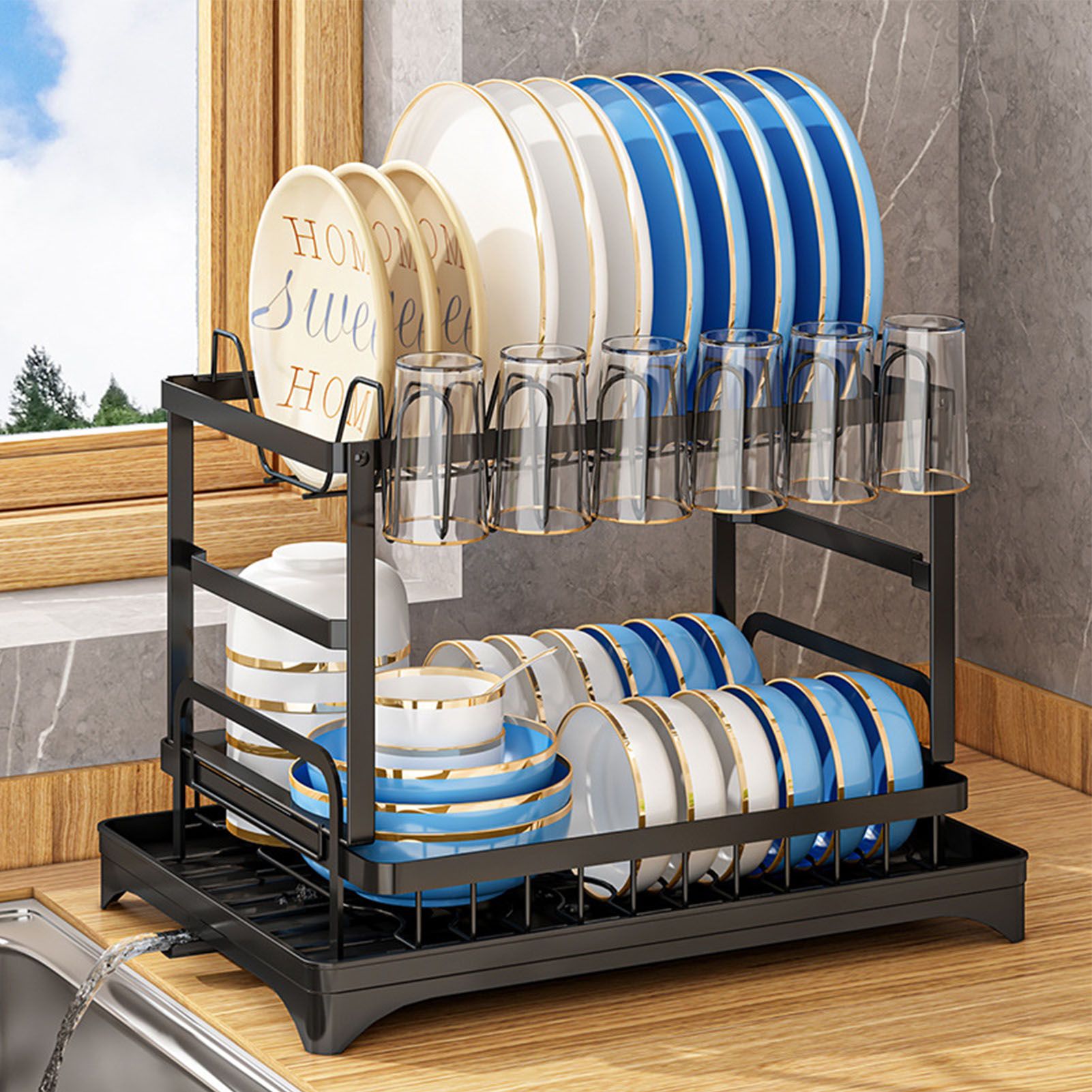 Dish Drying Rack for Countertop Aluminum 2 Tier Dish Rack with Drainboard and Utensil Holder for Kitchen Organization Black - Image 8