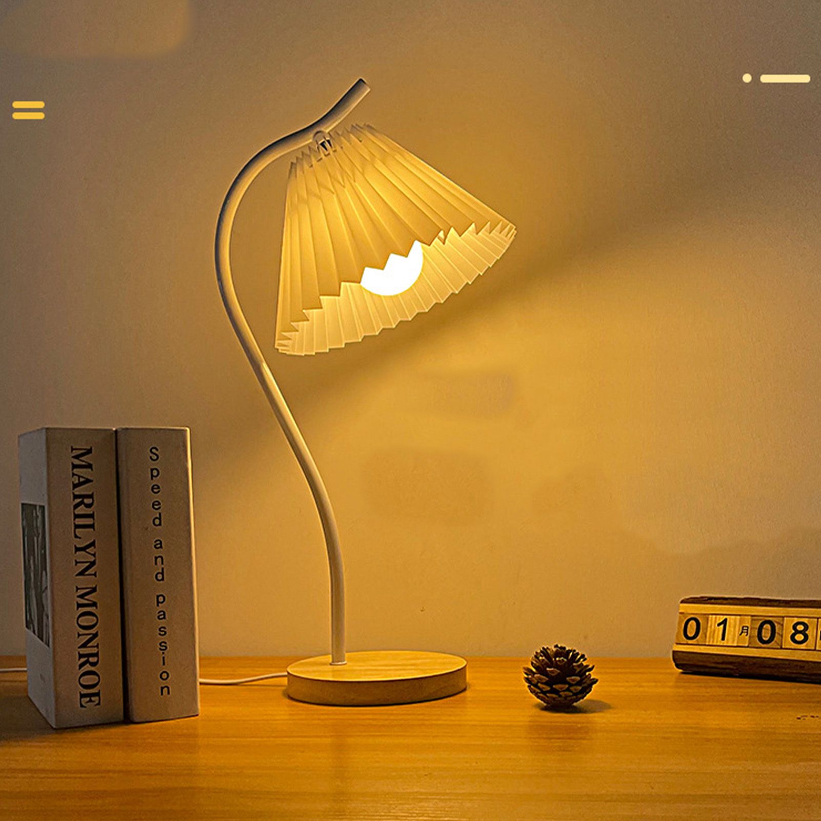 Table Lamp with Cloth Pleated Lampshade Metal Modern Nightstand Bedside Lamp for Bedroom Living Room White - Image 6