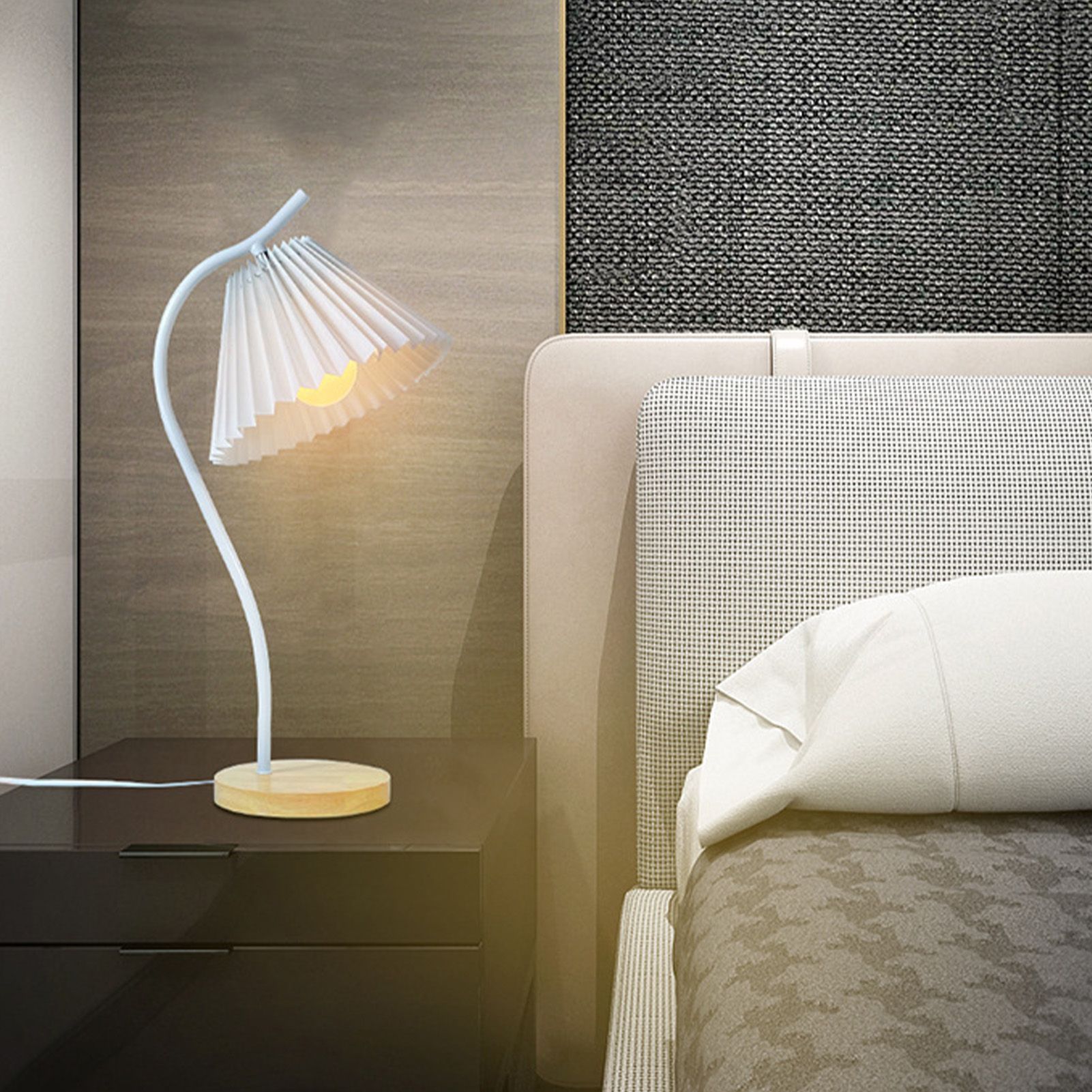 Table Lamp with Cloth Pleated Lampshade Metal Modern Nightstand Bedside Lamp for Bedroom Living Room White - Image 8