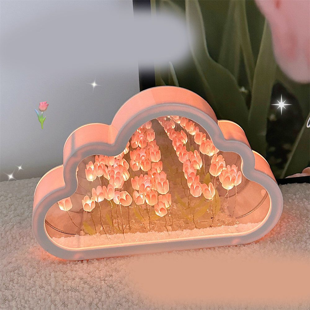 Tulip Cloud Mirror Night Lights 20 Pink Flowers Plastic Built in Batteries DIY Cloud Mirror Tulip Lamp for Birthday Valentine's Day - Image 5