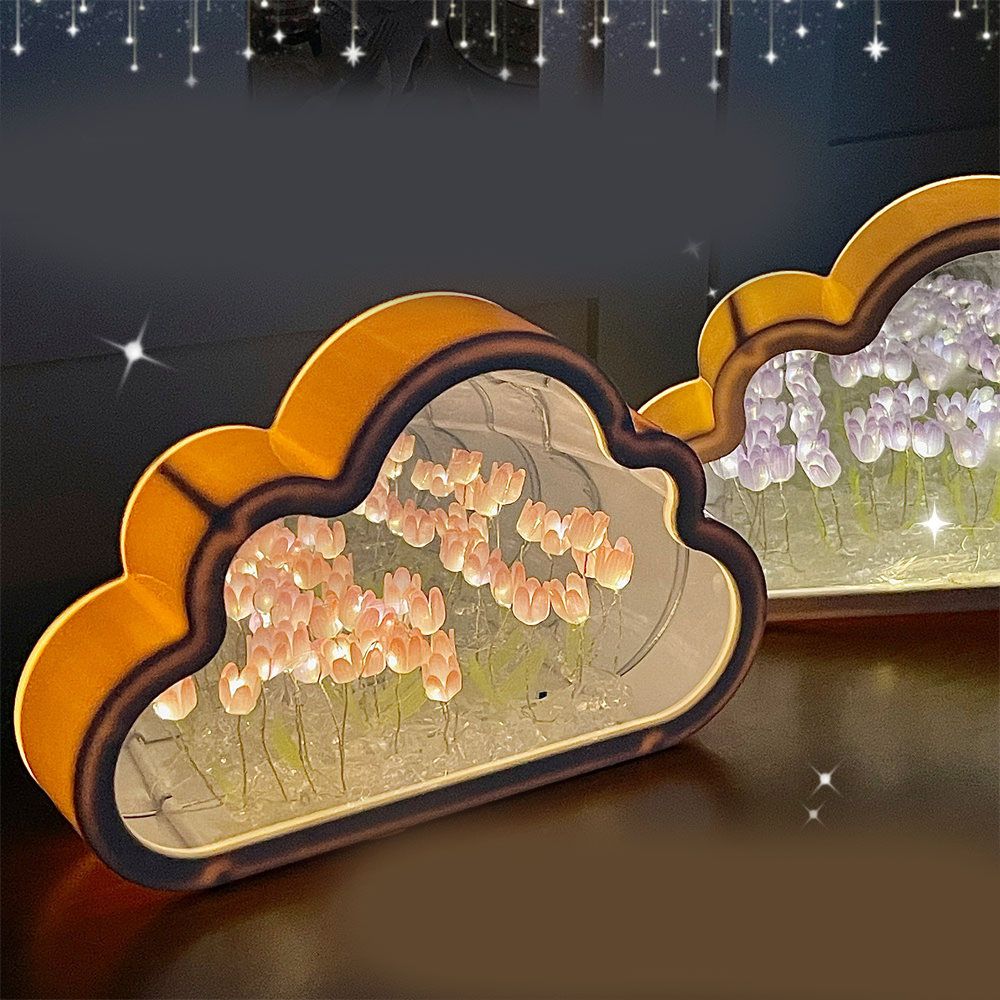 Tulip Cloud Mirror Night Lights 20 Pink Flowers Plastic Built in Batteries DIY Cloud Mirror Tulip Lamp for Birthday Valentine's Day - Image 6