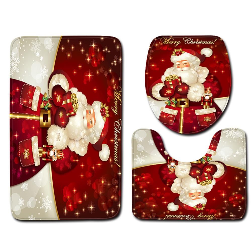 3Pcs Christmas Mat Sets Santa Claus Non Slip Mat Bathroom Doormat Toilet Seat Cover U Shaped Toilet Floor Mat - Image 1