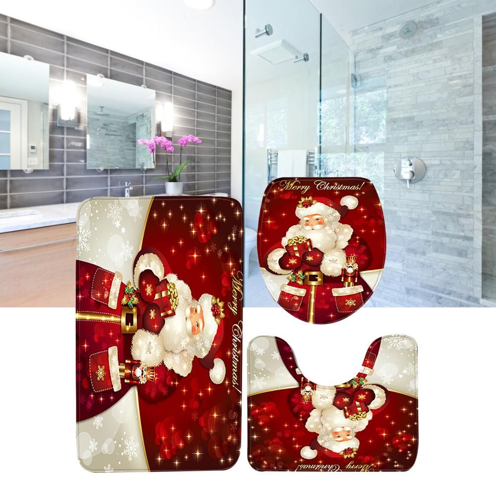3Pcs Christmas Mat Sets Santa Claus Non Slip Mat Bathroom Doormat Toilet Seat Cover U Shaped Toilet Floor Mat - Image 3