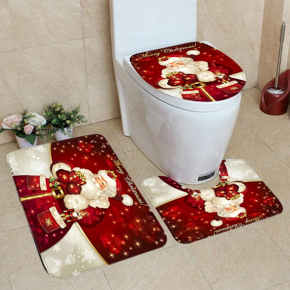 3Pcs Christmas Mat Sets Santa Claus Non Slip Mat Bathroom Doormat Toilet Seat Cover U Shaped Toilet Floor Mat - Image 4