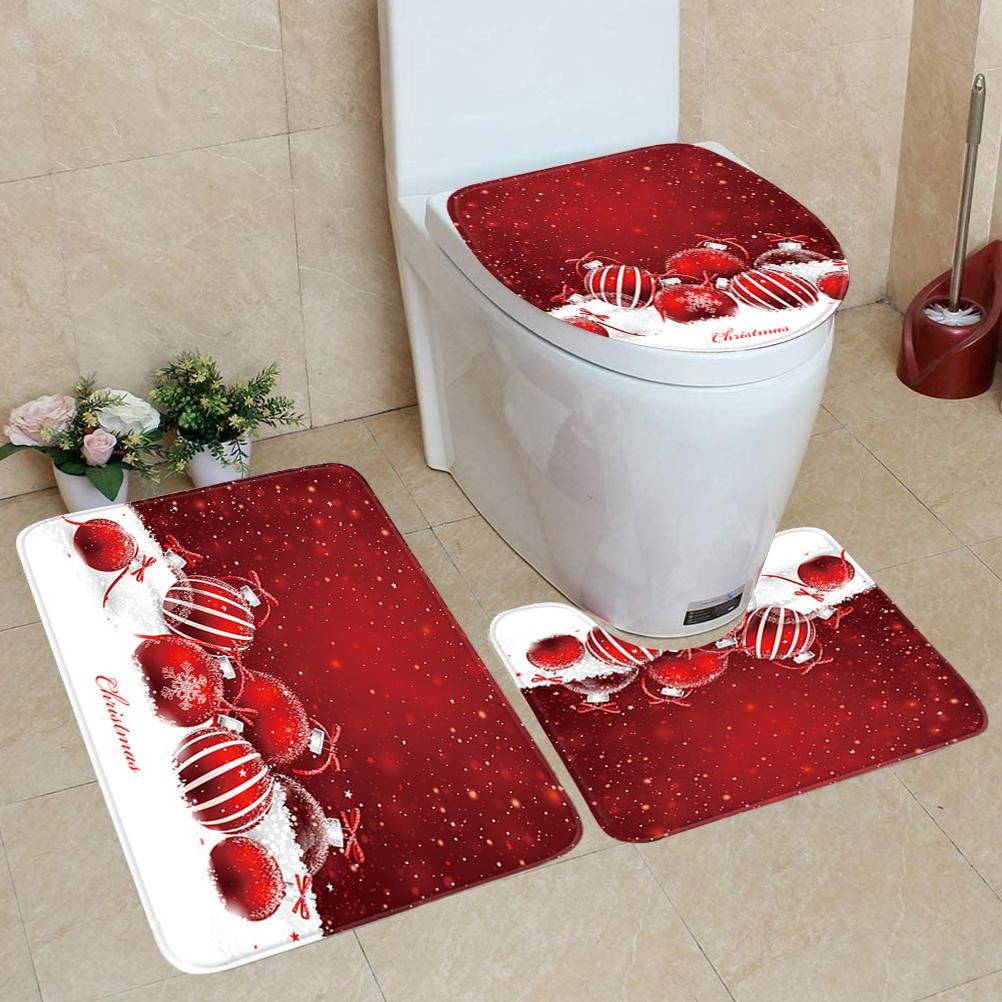 3Pcs Christmas Mat Sets Santa Claus Non Slip Mat Bathroom Doormat Toilet Seat Cover U Shaped Toilet Floor Mat - Image 2