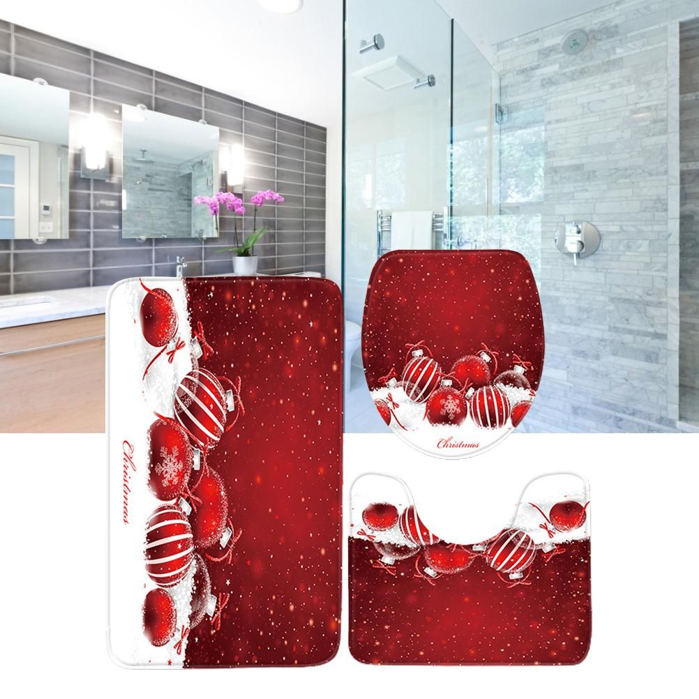 3Pcs Christmas Mat Sets Santa Claus Non Slip Mat Bathroom Doormat Toilet Seat Cover U Shaped Toilet Floor Mat - Image 3
