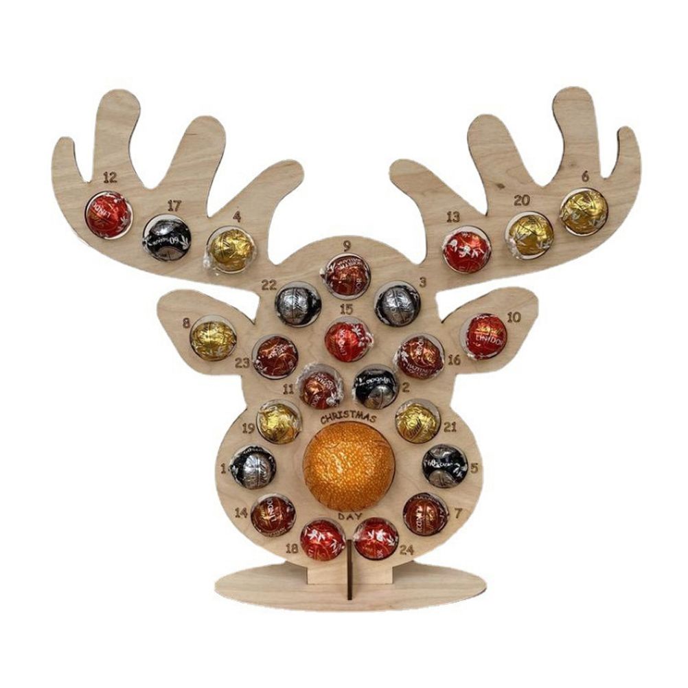 Christmas Advent Countdown Calendar Wooden Xmas Tree Deer Head Shaped Stand Chocolate Candy Display Stand with 24 Hole for Party Decoration - Image 1