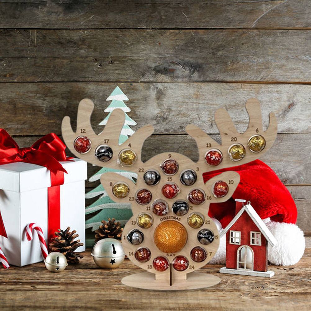 Christmas Advent Countdown Calendar Wooden Xmas Tree Deer Head Shaped Stand Chocolate Candy Display Stand with 24 Hole for Party Decoration - Image 6