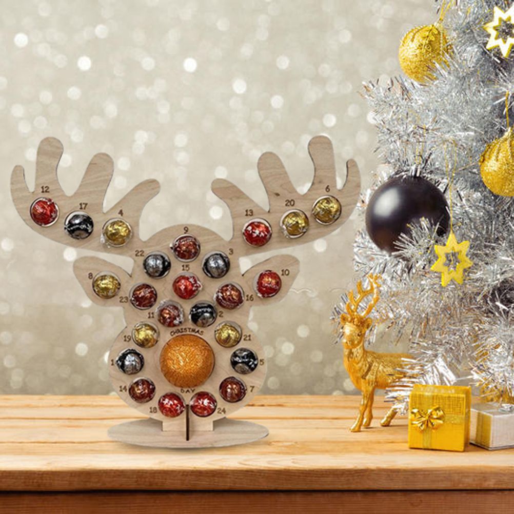 Christmas Advent Countdown Calendar Wooden Xmas Tree Deer Head Shaped Stand Chocolate Candy Display Stand with 24 Hole for Party Decoration - Image 7