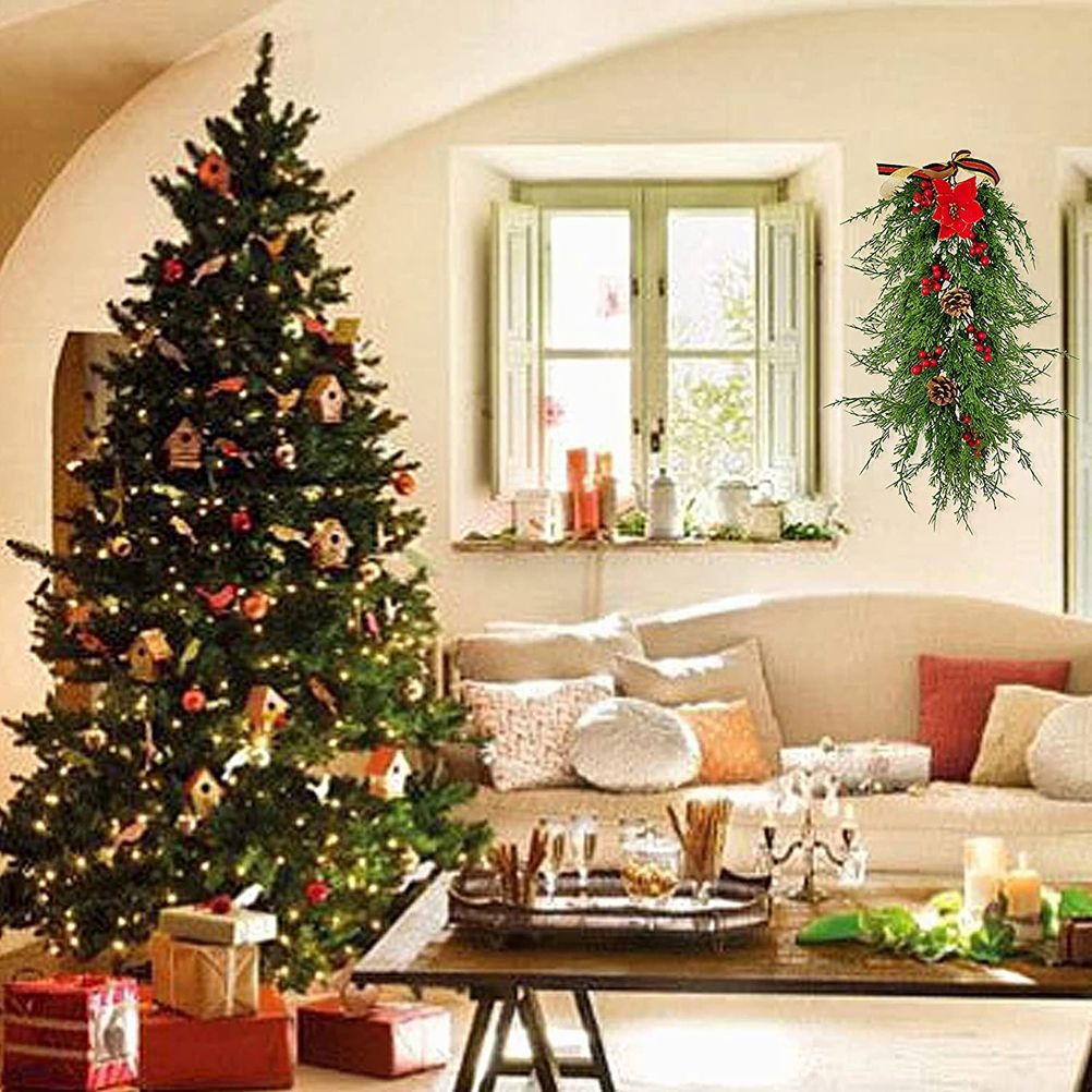 Christmas Pine Branch Garland Winter Red Berries Mixed Pine Cones Christmas Hanging Pendant For Front Door Fireplaces Home - Image 4