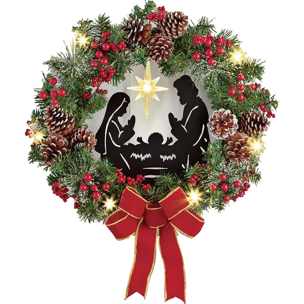 Christmas Wreath with Jesus Red Berry Pine Cone Nativity Scene LED Lights String Wreath Mixed Holiday Decorations - Image 1