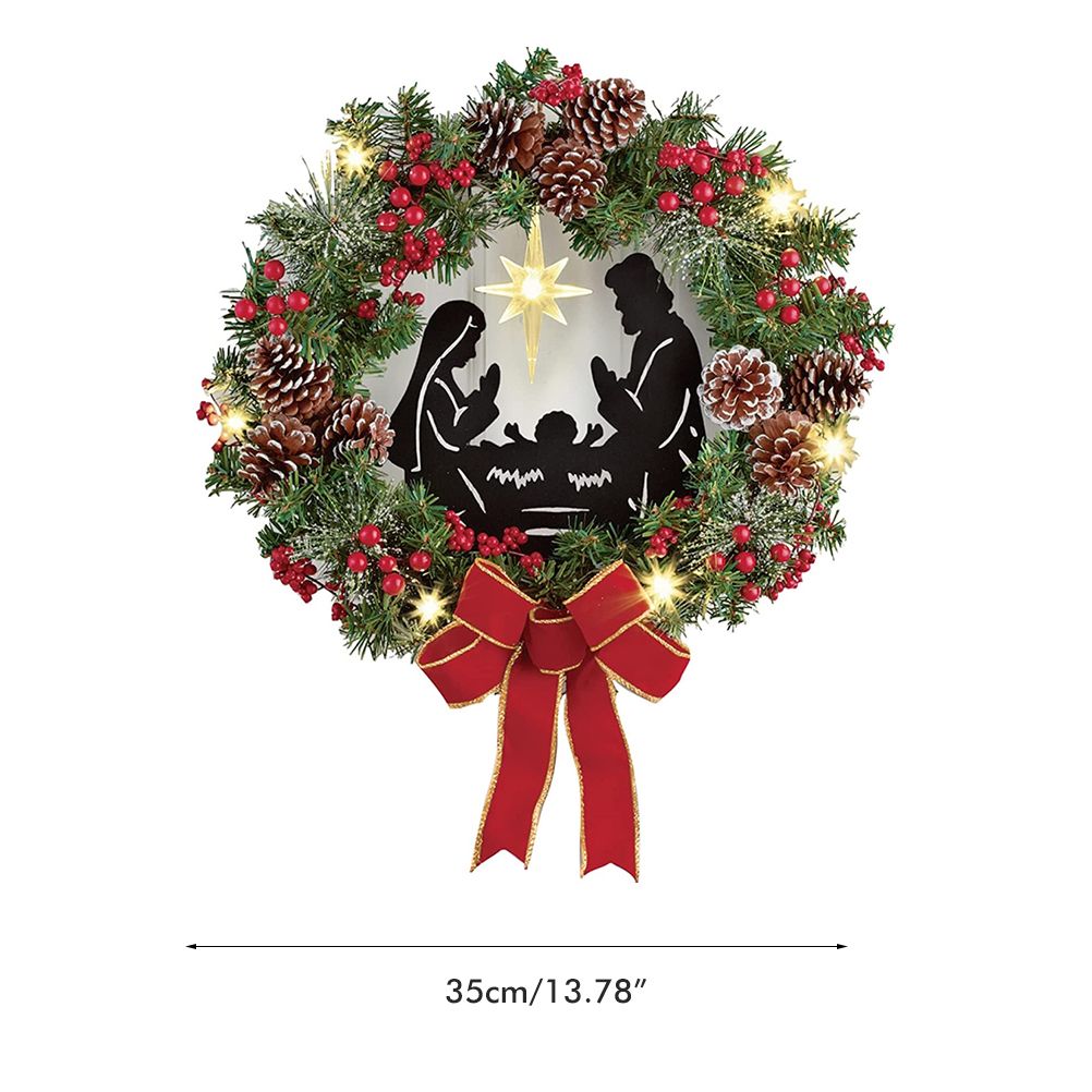 Christmas Wreath with Jesus Red Berry Pine Cone Nativity Scene LED Lights String Wreath Mixed Holiday Decorations - Image 2