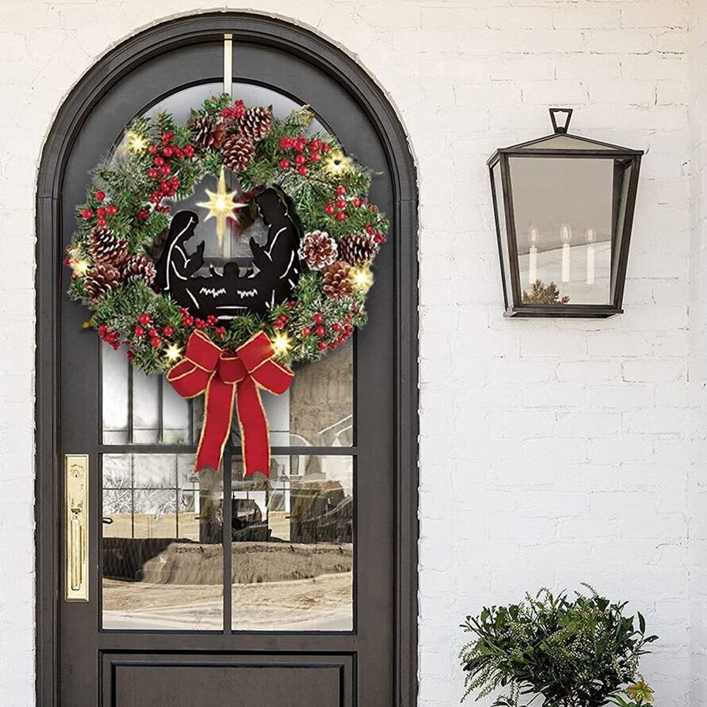 Christmas Wreath with Jesus Red Berry Pine Cone Nativity Scene LED Lights String Wreath Mixed Holiday Decorations - Image 3