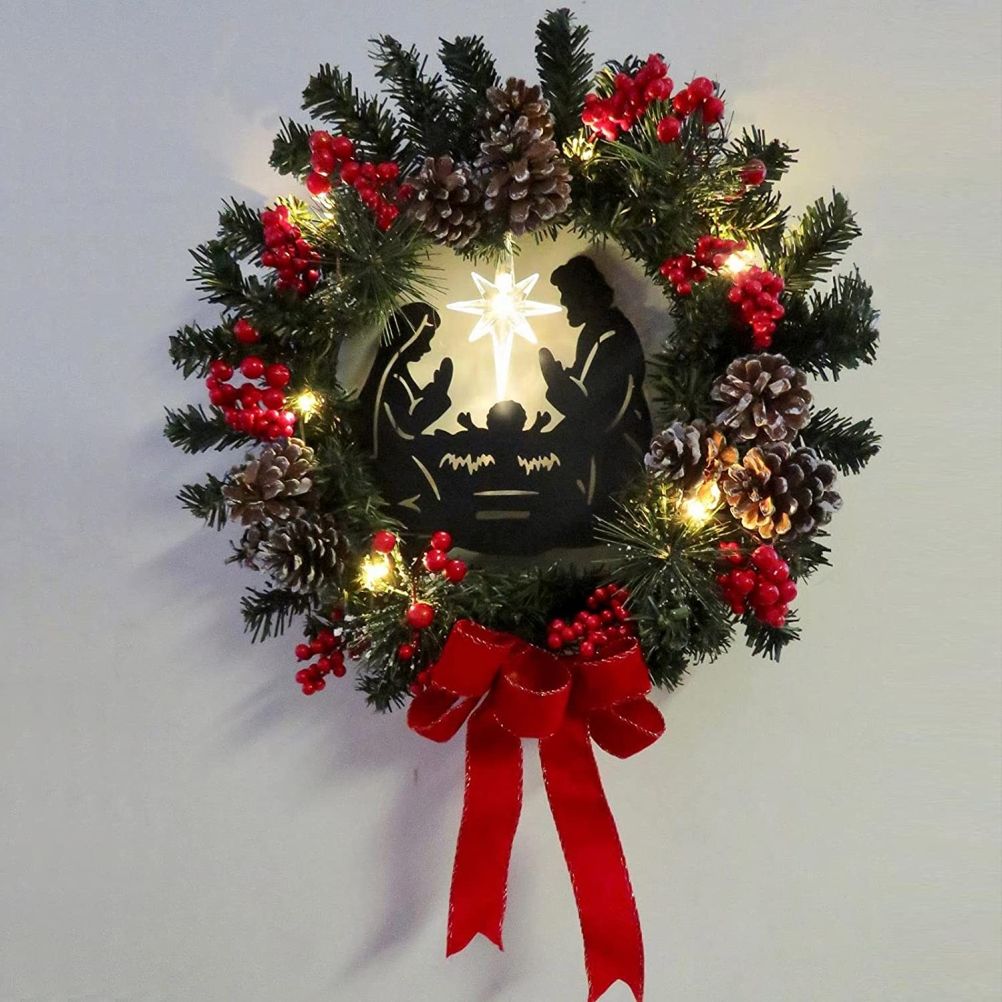 Christmas Wreath with Jesus Red Berry Pine Cone Nativity Scene LED Lights String Wreath Mixed Holiday Decorations - Image 4