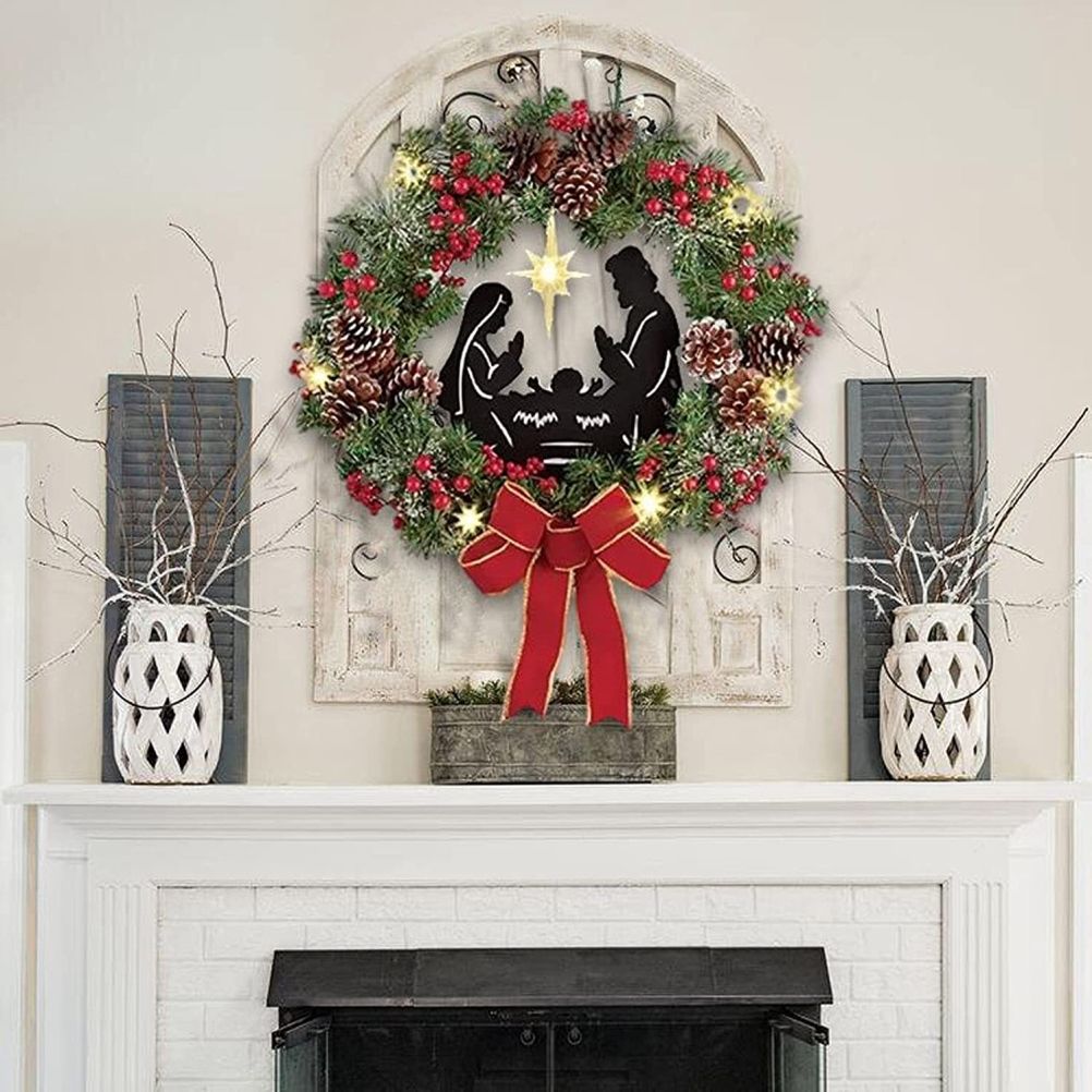 Christmas Wreath with Jesus Red Berry Pine Cone Nativity Scene LED Lights String Wreath Mixed Holiday Decorations - Image 5