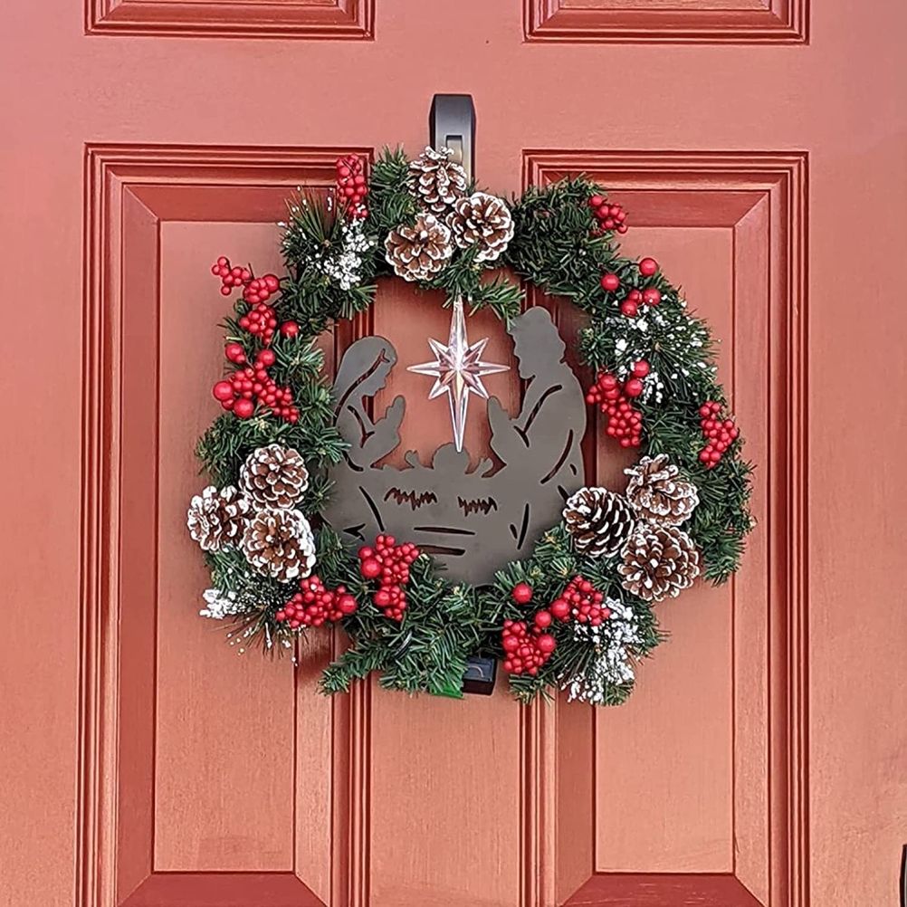 Christmas Wreath with Jesus Red Berry Pine Cone Nativity Scene LED Lights String Wreath Mixed Holiday Decorations - Image 7