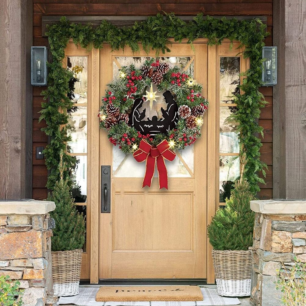 Christmas Wreath with Jesus Red Berry Pine Cone Nativity Scene LED Lights String Wreath Mixed Holiday Decorations - Image 8