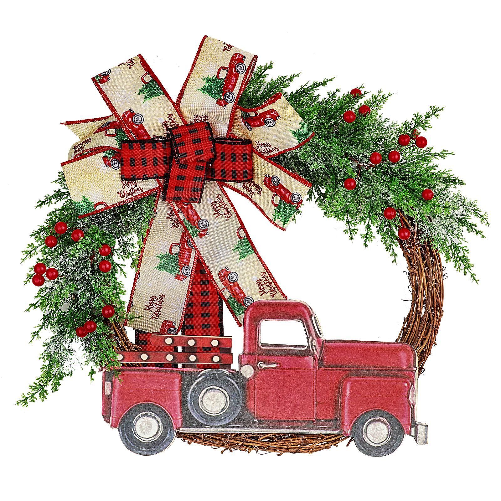 Red Truck Christmas Wreath Fall Wreath for Front Door Decorations for Farmhouse Autumns Harvest Halloween Thanksgiving - Image 1
