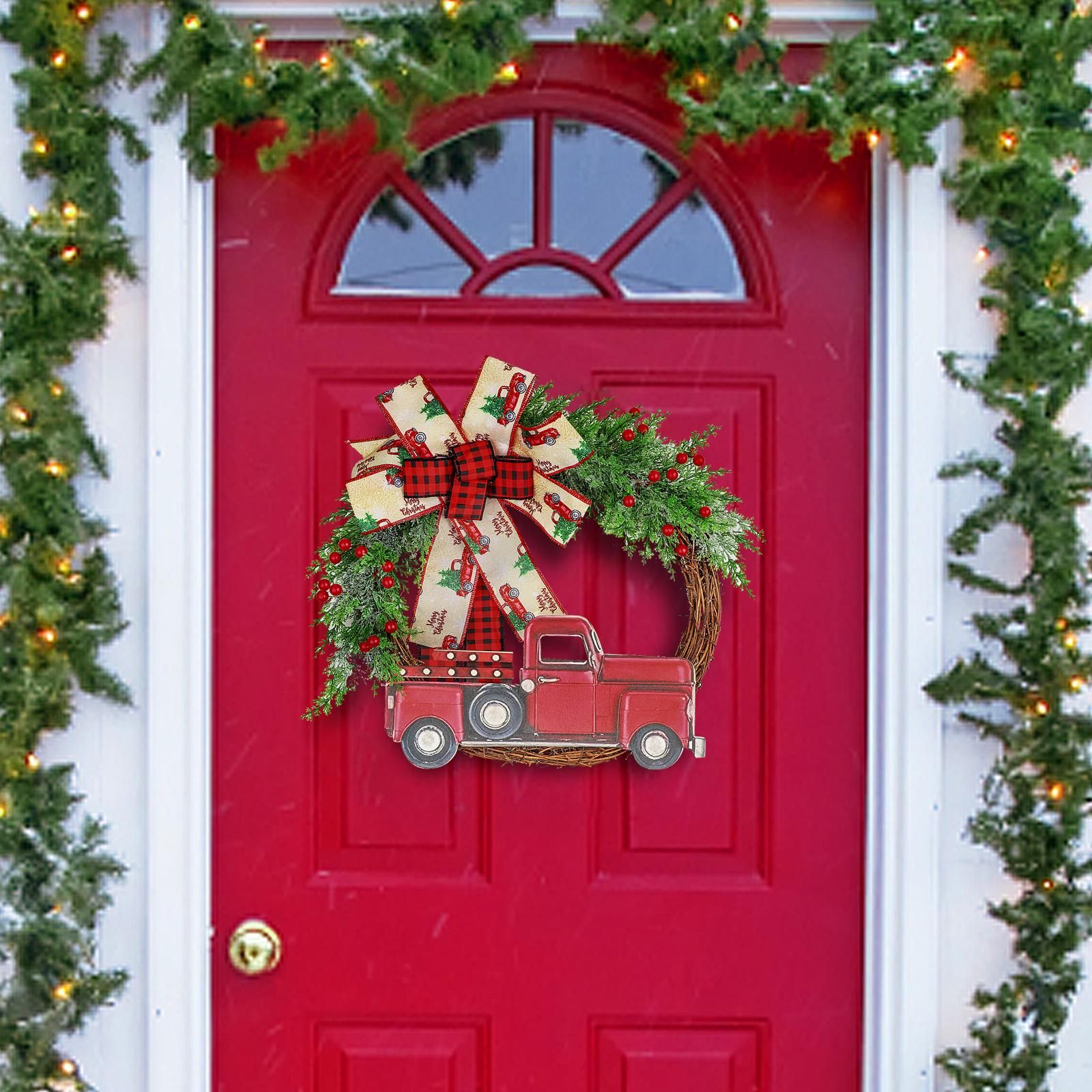 Red Truck Christmas Wreath Fall Wreath for Front Door Decorations for Farmhouse Autumns Harvest Halloween Thanksgiving - Image 6