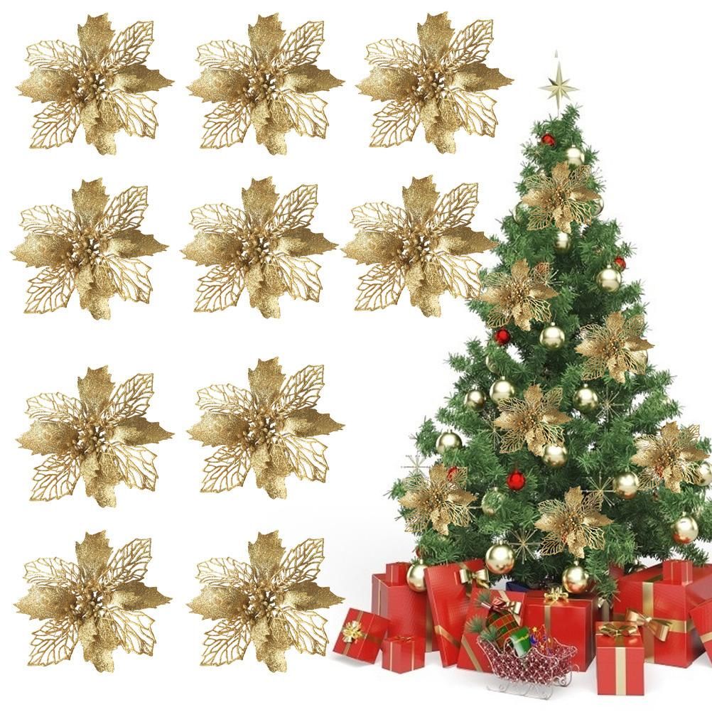 10PCS Christmas Glitter Poinsettia Flowers Christmas Decoration Reusable Artificial Flowers - Image 1