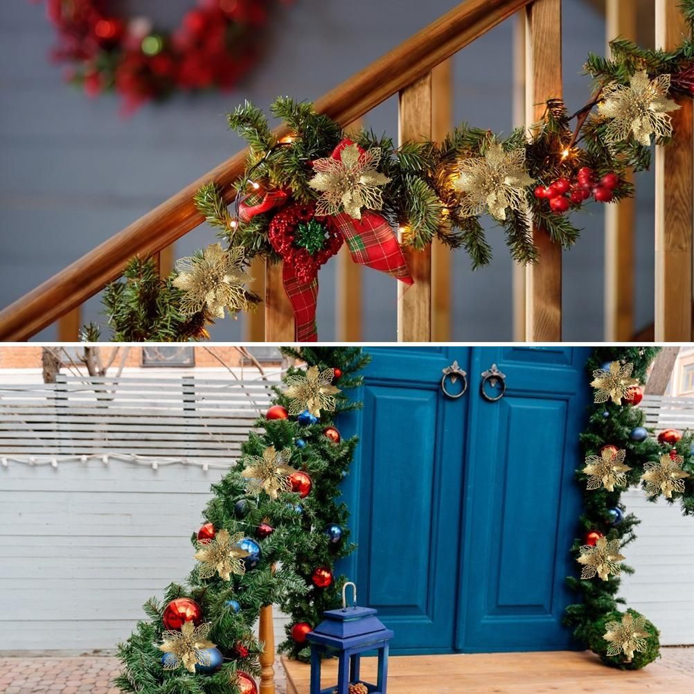 10PCS Christmas Glitter Poinsettia Flowers Christmas Decoration Reusable Artificial Flowers - Image 2
