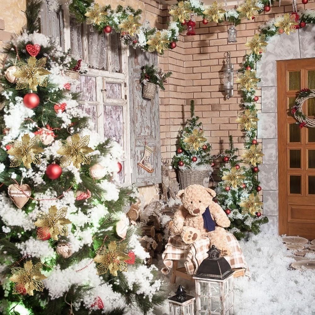 10PCS Christmas Glitter Poinsettia Flowers Christmas Decoration Reusable Artificial Flowers - Image 3