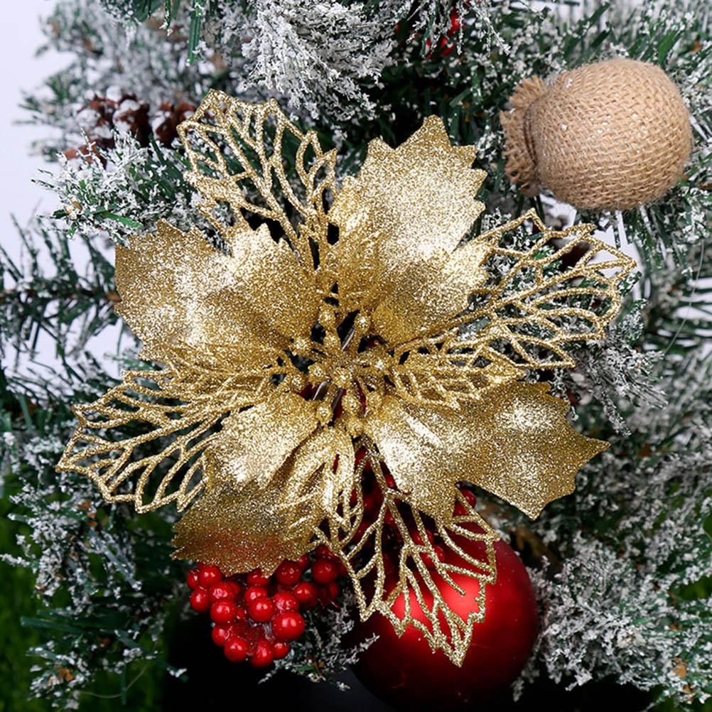 10PCS Christmas Glitter Poinsettia Flowers Christmas Decoration Reusable Artificial Flowers - Image 4