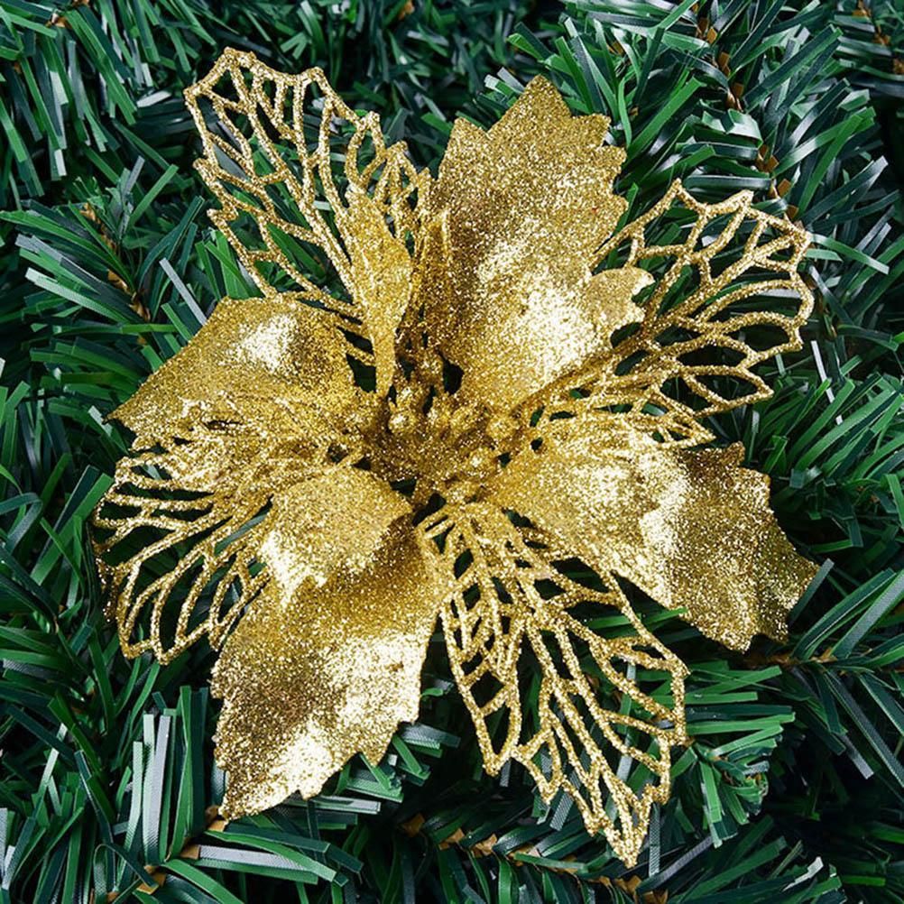 10PCS Christmas Glitter Poinsettia Flowers Christmas Decoration Reusable Artificial Flowers - Image 5