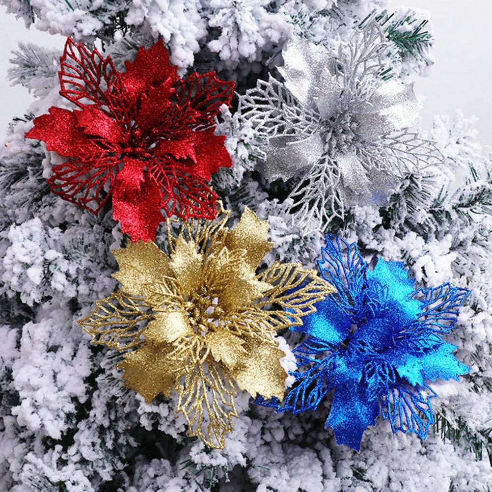 10PCS Christmas Glitter Poinsettia Flowers Christmas Decoration Reusable Artificial Flowers - Image 7