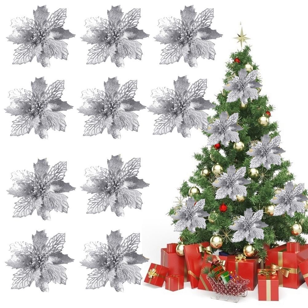 10PCS Christmas Glitter Poinsettia Flowers Christmas Decoration Reusable Artificial Flowers - Image 1