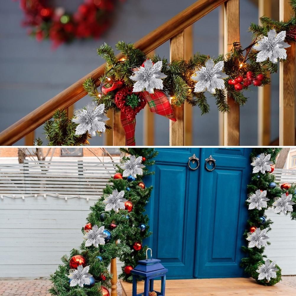 10PCS Christmas Glitter Poinsettia Flowers Christmas Decoration Reusable Artificial Flowers - Image 2