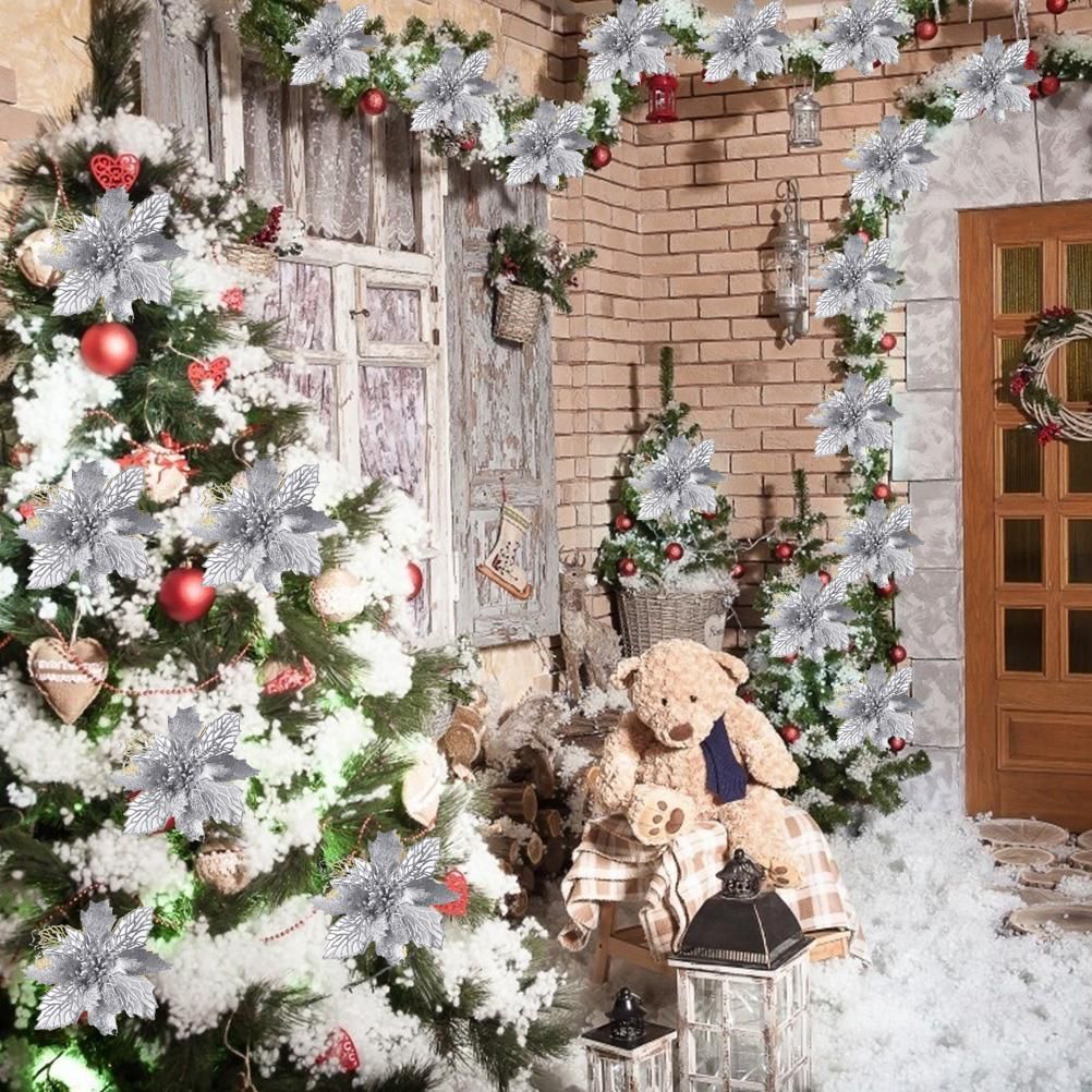 10PCS Christmas Glitter Poinsettia Flowers Christmas Decoration Reusable Artificial Flowers - Image 3