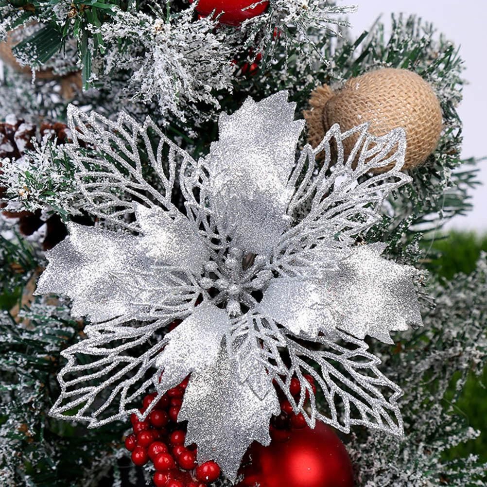 10PCS Christmas Glitter Poinsettia Flowers Christmas Decoration Reusable Artificial Flowers - Image 4