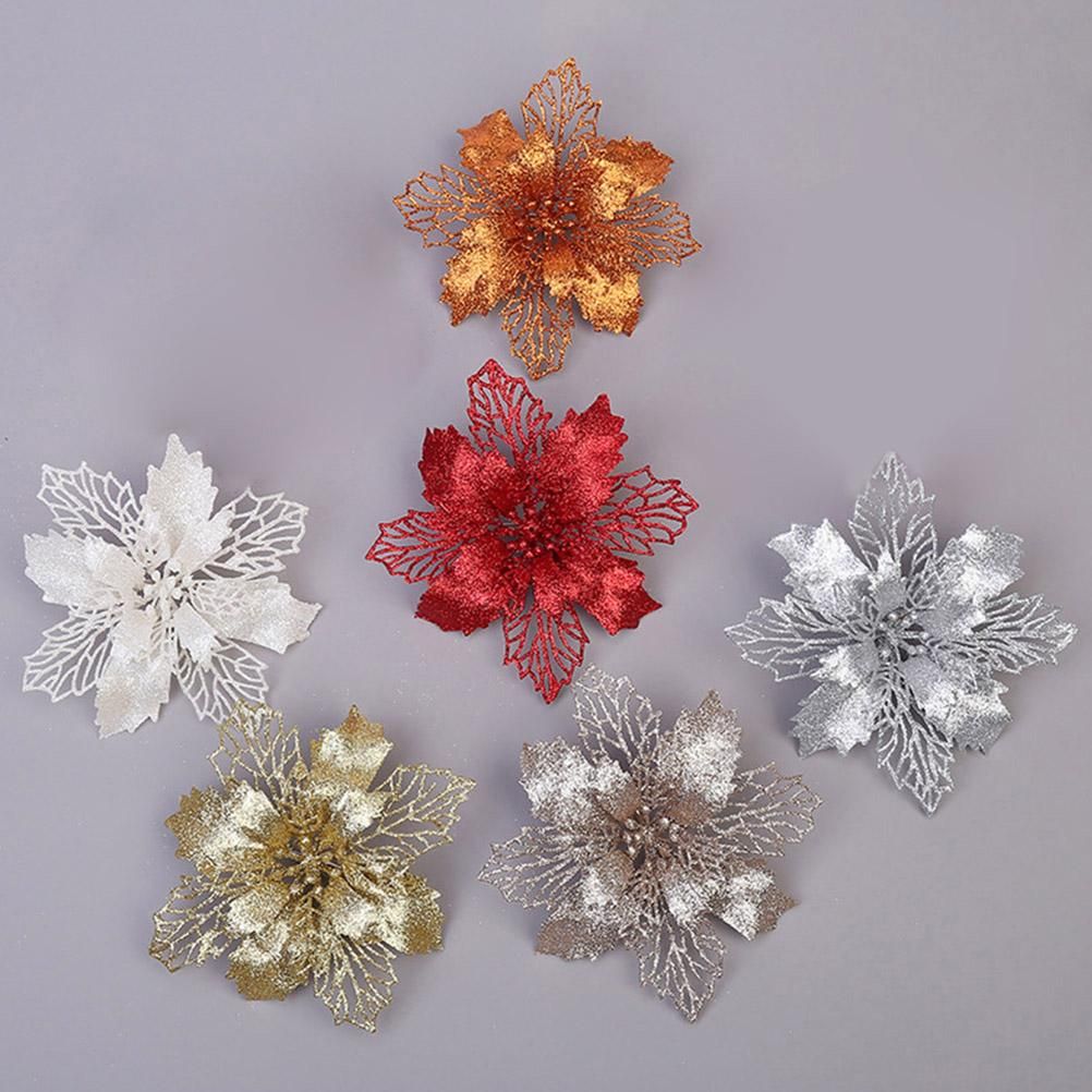 10PCS Christmas Glitter Poinsettia Flowers Christmas Decoration Reusable Artificial Flowers - Image 8