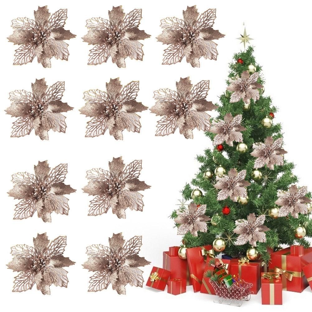 10PCS Christmas Glitter Poinsettia Flowers Christmas Decoration Reusable Artificial Flowers - Image 1