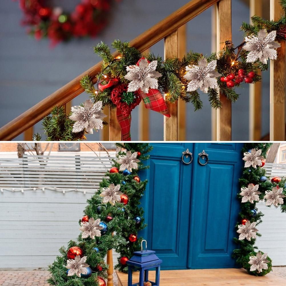 10PCS Christmas Glitter Poinsettia Flowers Christmas Decoration Reusable Artificial Flowers - Image 2