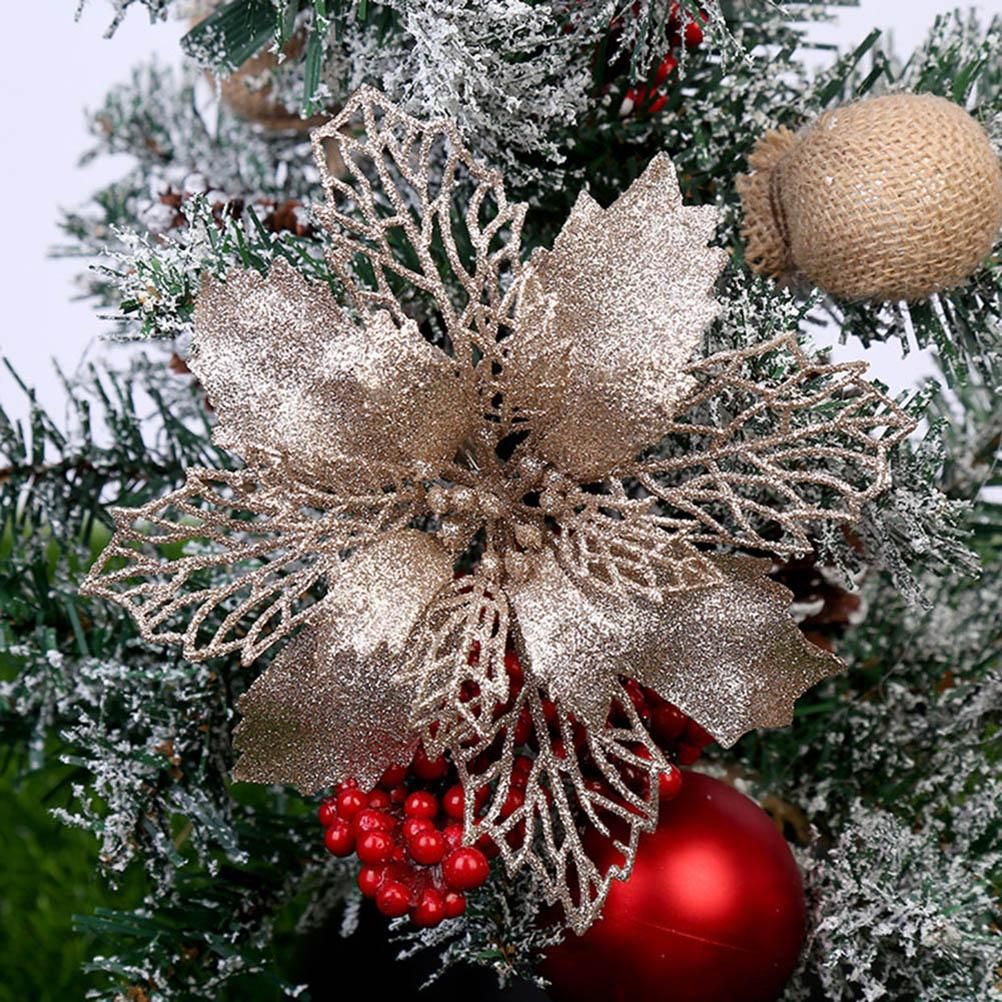 10PCS Christmas Glitter Poinsettia Flowers Christmas Decoration Reusable Artificial Flowers - Image 4