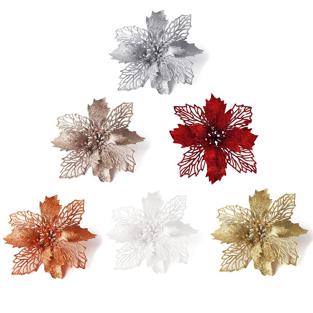 10PCS Christmas Glitter Poinsettia Flowers Christmas Decoration Reusable Artificial Flowers - Image 7