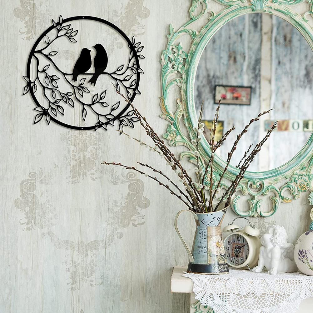 Metal Wall Art Bird on Branch Round Wall Art Bird Sign Wall Silhouette Bird Iron Artwork Hanging for Living Room Office - Image 6