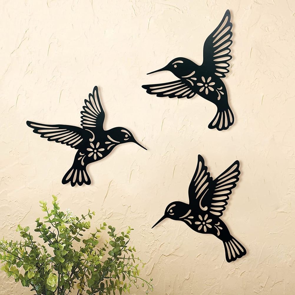 3 Pieces Metal Hummingbird Wall Art Decoration Hollow Out Iron Bird Sculpture Waterproof Wall Hanging Figurines for Garden and Living Room Decor - Image 2