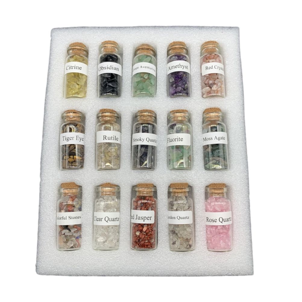 15Pcs Mini Wishing Bottles Chip Stone Set Crystal Tumbled Reiki Stones Collection Gift Home Decor - Image 1