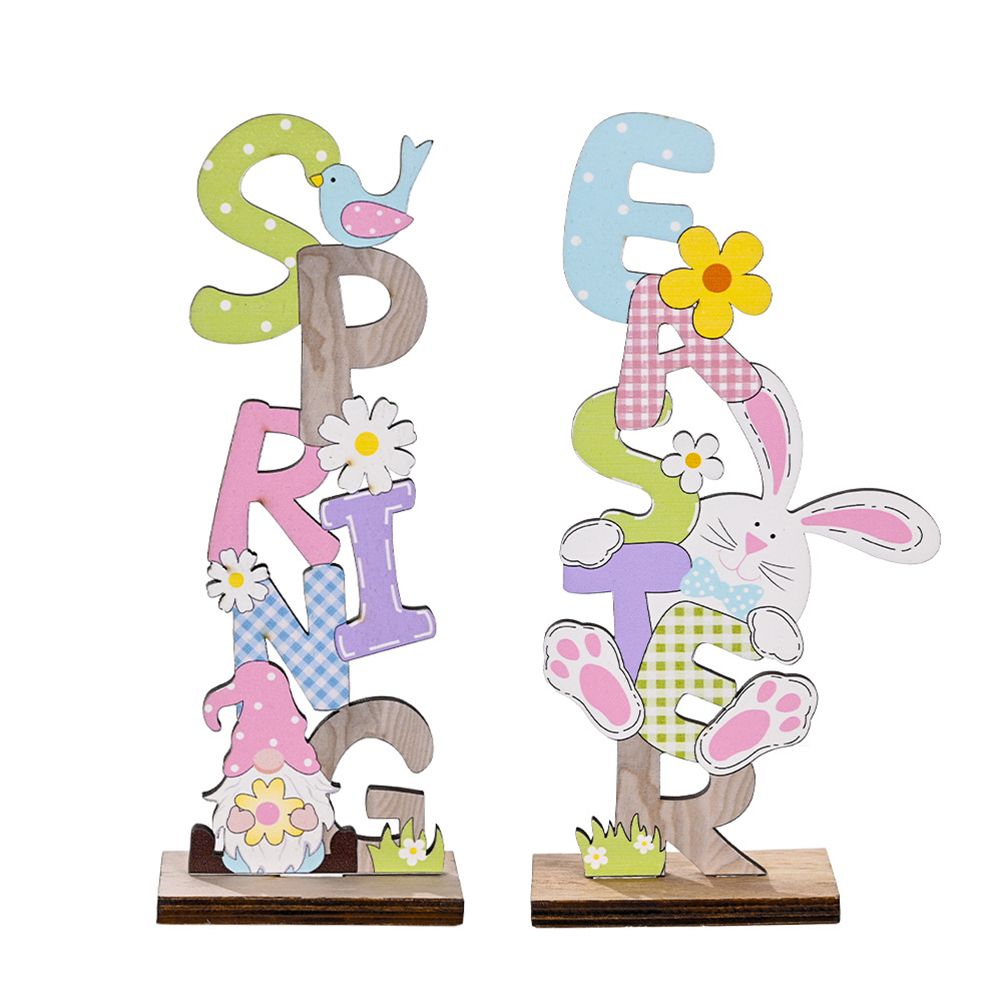 2 Pcs Easter Decorations Wooden Bunny Letter Printing Crafts Ornament Easter Decor for Home Table Party Arrangement Kids Gift - Image 1