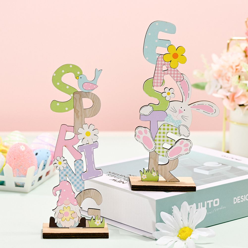 2 Pcs Easter Decorations Wooden Bunny Letter Printing Crafts Ornament Easter Decor for Home Table Party Arrangement Kids Gift - Image 2